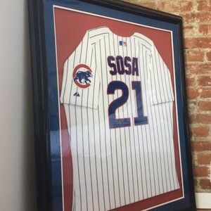 Framed & Autographed Sammy Sosa Chicago Cubs Pinstripe Majestic Jersey